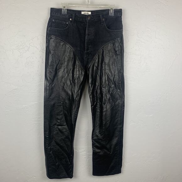AGOLDE Harley Jean Pants Womens 30 Black Recycled Leather Panel High Rise USA - Picture 1 of 10